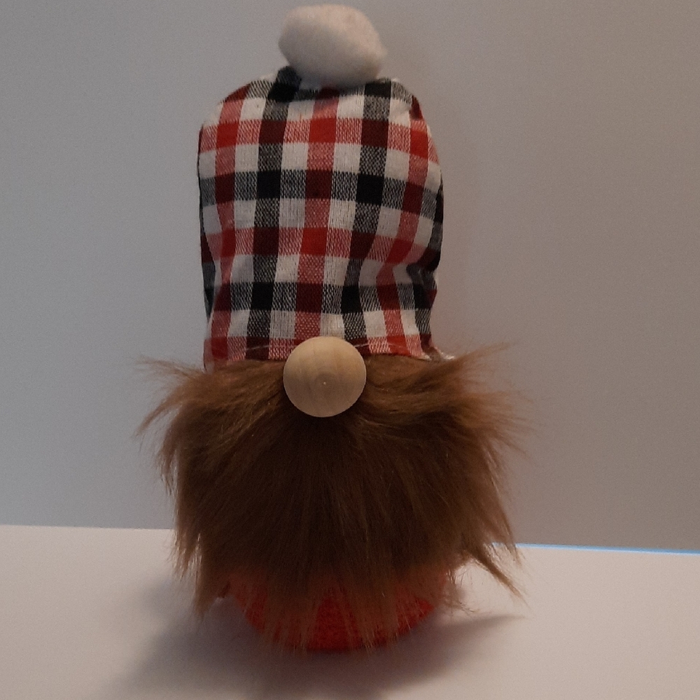 Hand made Checkered Gnome Decor with Faux Fur Beard